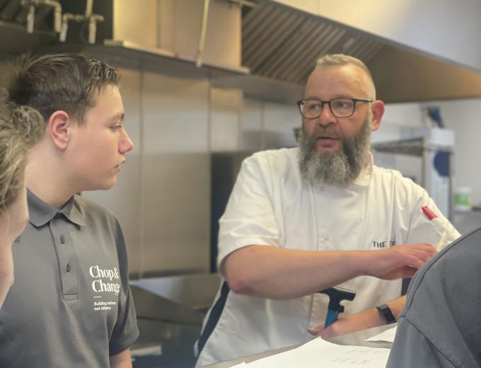 The Deep's Development Chef talking to the students from Ganton School