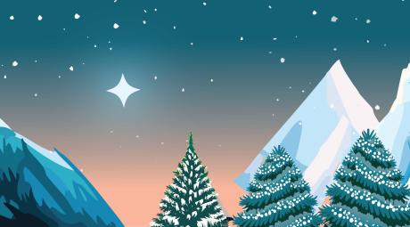 A wintery dusk scene with a starry sunset sky and snowy mountainscape