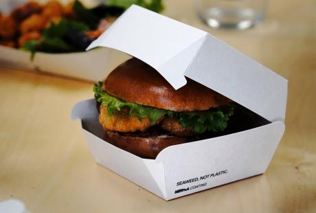 Image of a burger in Notapla's burger clamshell box