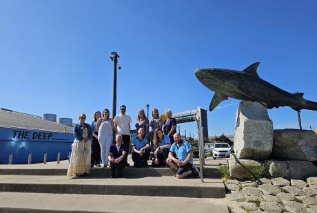 Group of people on steps next to shark statue